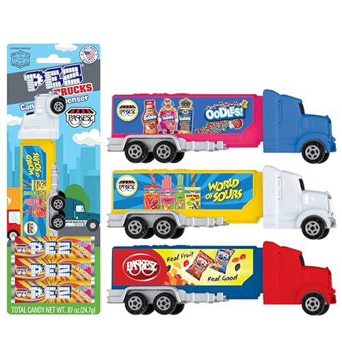 Only Kosher Candy Pez Trucks Dispenser Set Single Blister Packs With Assorted Fruit Flavor Candies Nut Free and Gluten Free, 0.87 Oz, Set of 3