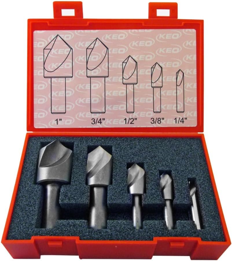 KEO 50058 Cobalt Steel Single-End Countersink Set, Uncoated (Bright) Finish, Single Flute, 82 Degree Angle, 1/4" - 1" Body Diameter