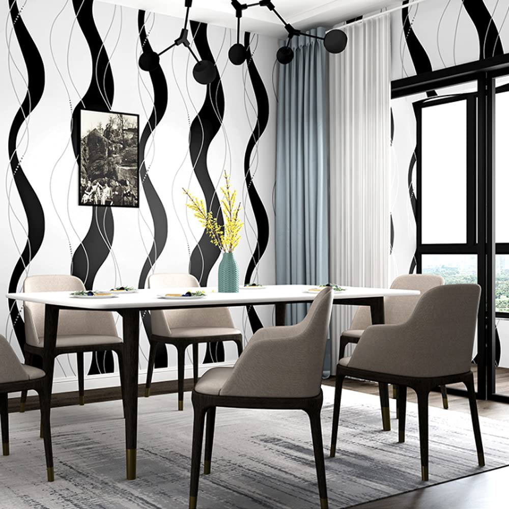 White 通用 20.87″Wx393.7″L Wave Pattern Black Vertical Stripe Modern European Style Restaurant Bedroom Living Room Tv Background Pvc Wallpaper Non-Pasted