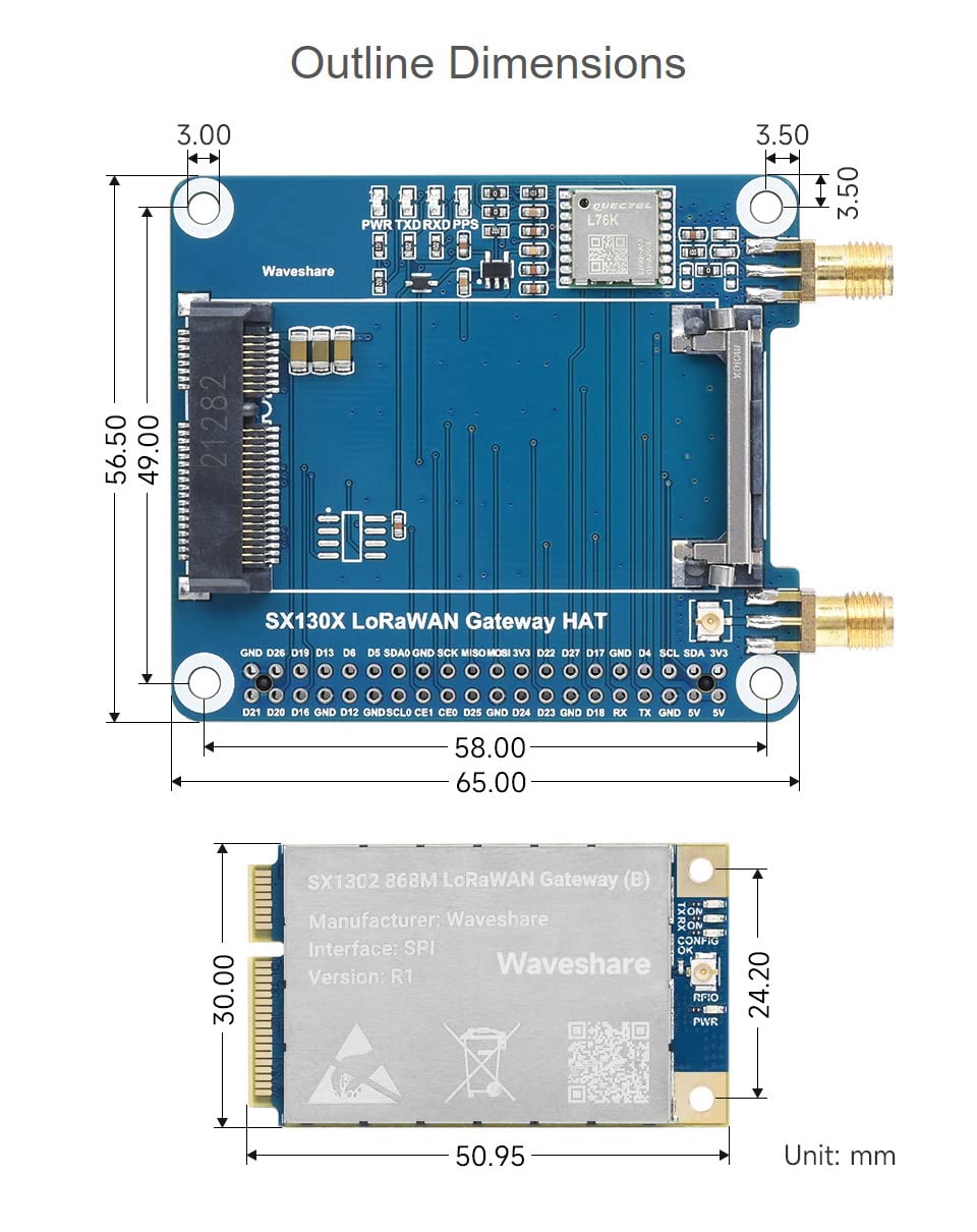 Waveshare SX1302 915M LoRaWAN Gateway Hat Compatible with Raspberry Pi with L76K Module Standard Mini-PCIe Socket, Long Range Transmission, Large Capacity, Multi-Band Support