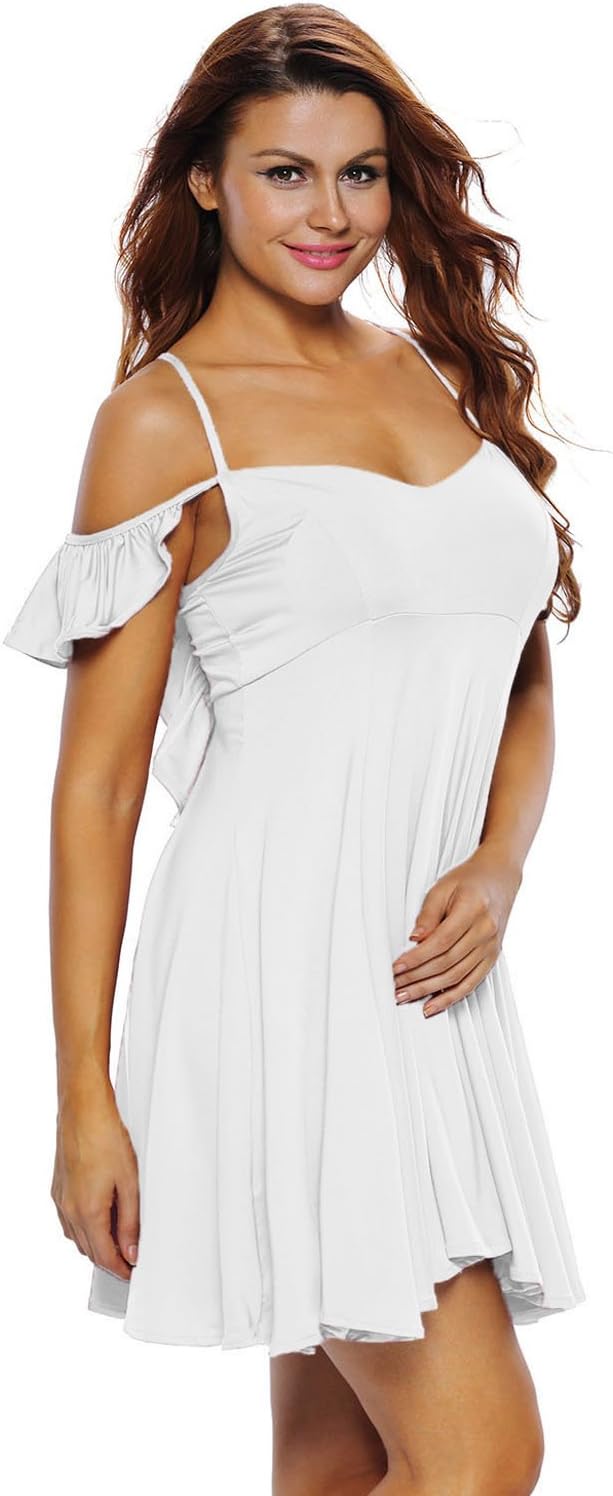 ZNTOO Women White Swing Dresses Ruffled Strappy Cut Out Cold Shoulder Sexy Backless Skater Dress
