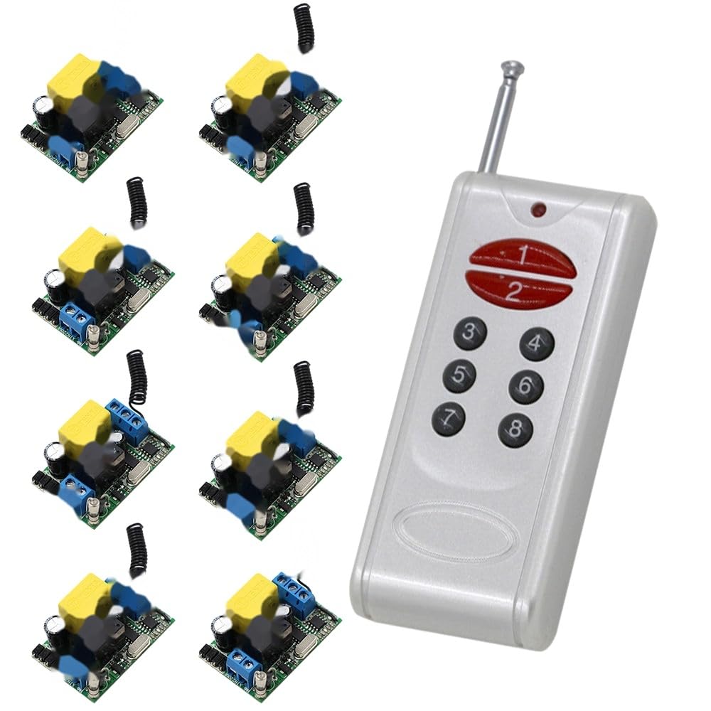 Interruptor de control de radio de 220 V, 1 canal, lámpara LED ON OFF 8 receptores y 1 transmisor de código de aprendizaje de salida ajustada