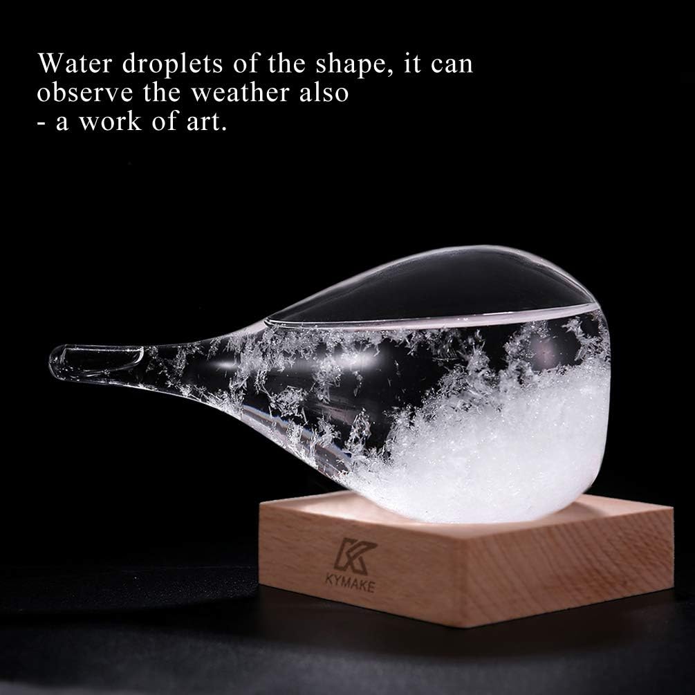 KYMAKE Storm Glass Weather Predictor - Creative Crystal Glass Bottle Desktop Drops Craft Weather Station with Pure Wood Base - High-Class Decoration on Home & Office (Small-612)