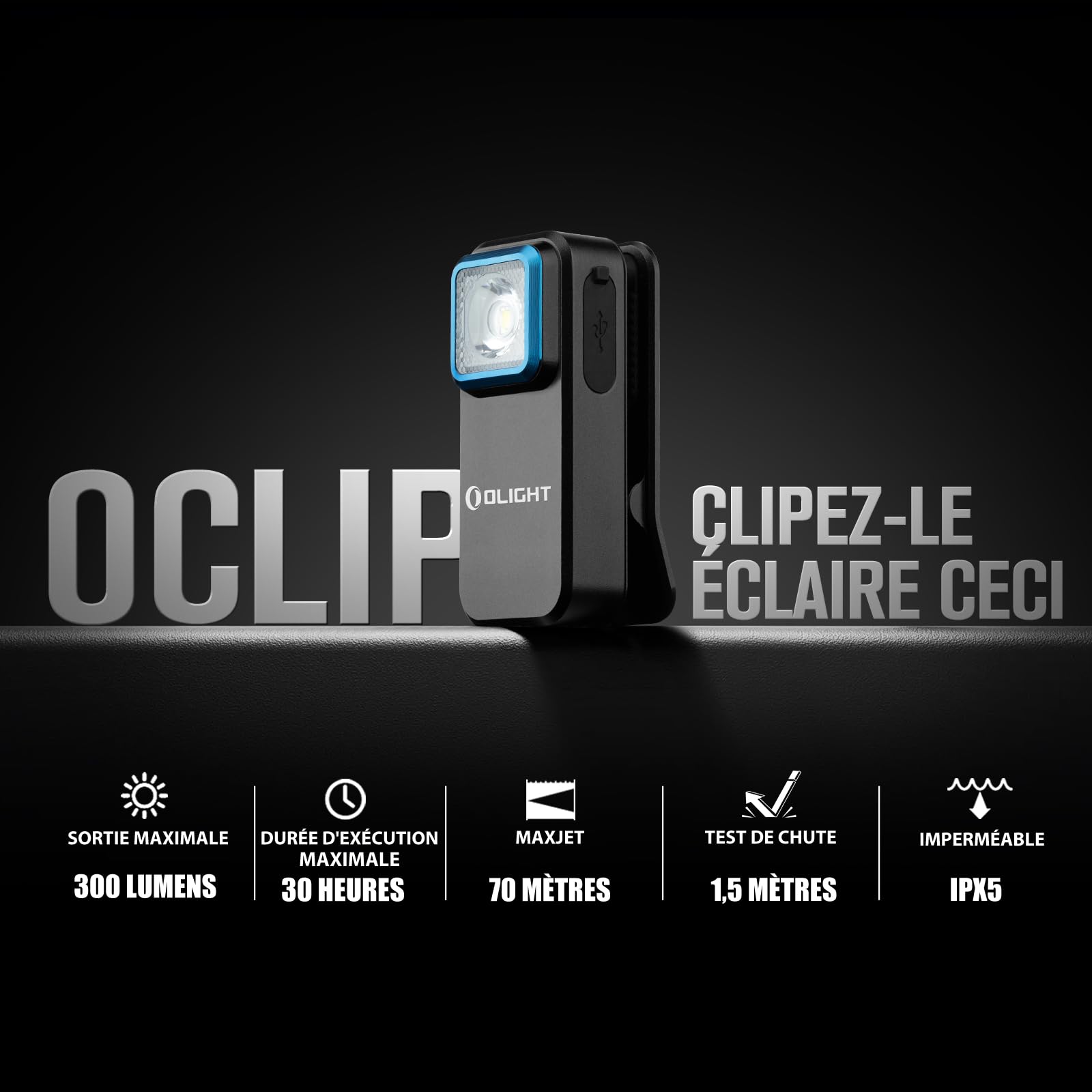 OLIGHT Oclip lampe de poche à clip Source Rouge et Blanche 300lm Rechargeable avec Aspiration Magnétique et Trou de Suspension IPX5 Étanche Utilisée en Camping et Alpinisme