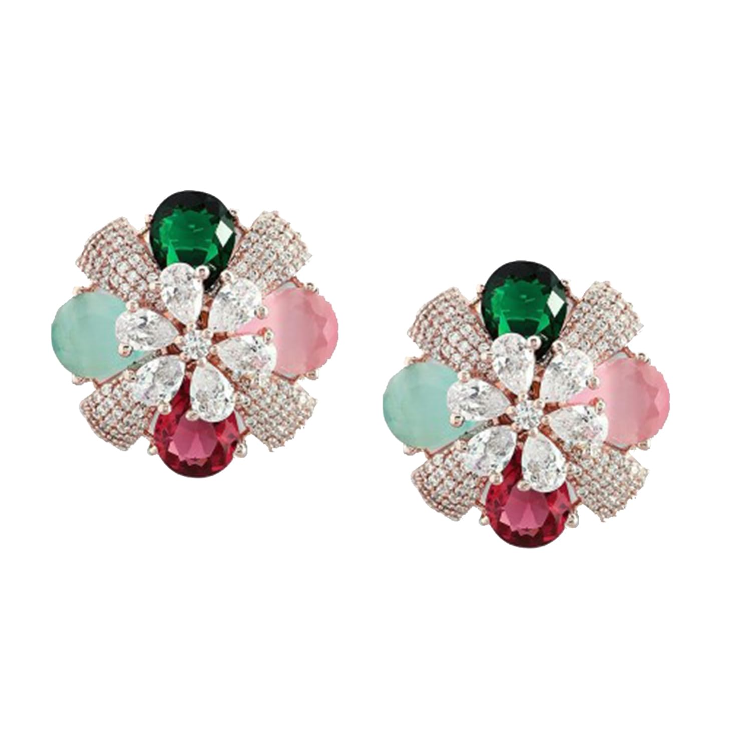 Rose Gold-Plated Multicolor AD Stud Earrings For Women & Girls-image-26