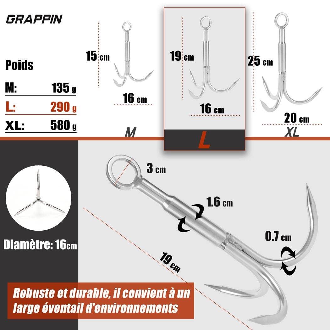 Grappin avec Corde-Comprend Corde en Nylon de 8mm x 15M,Grapin et Double Mousqueton,pour la Peche aimant/Travail des arbres/Tirant