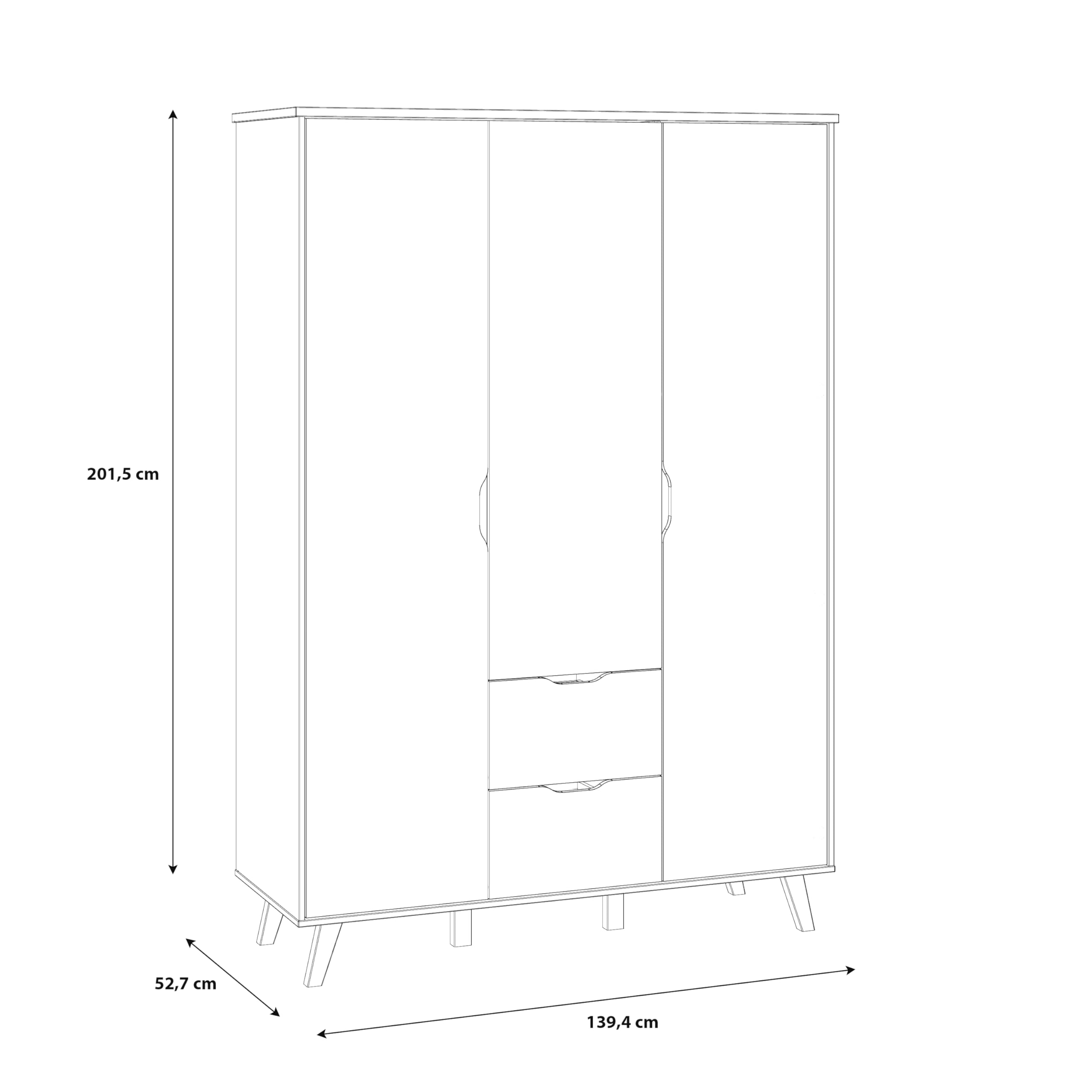 FORTE VANKKA Schrank 140, Kleiderschrank 2 Schubladen, Drehtürenschrank Skandinavisch, Schlafzimmerschrank Kinderzimmerschrank 3-türig Planked Eiche/Weiß, 139 cm breit x 201.5 cm hoch x 53 cm tief