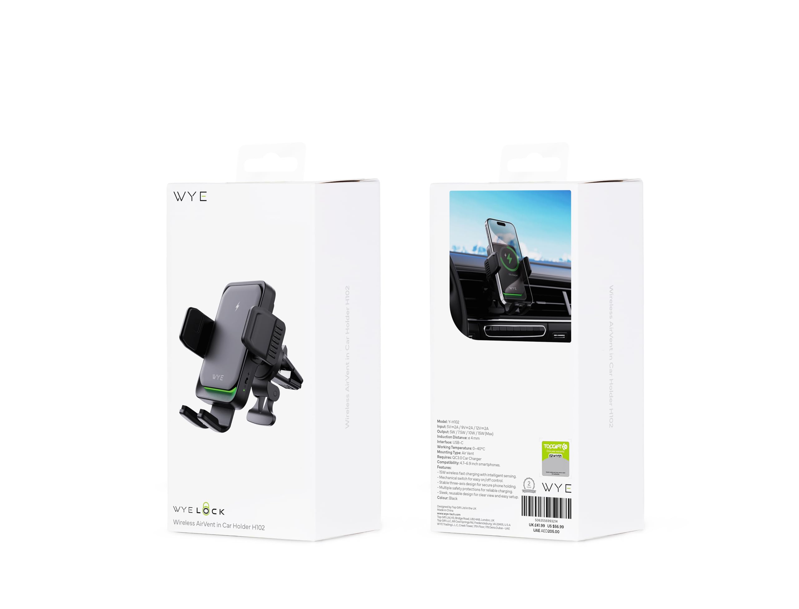 WYE Supporto per telefono per caricabatterie da auto wireless da 15 W per montaggio sulla bocchetta dell'aria, supporto per auto a ricarica rapida con connettività USB-C per smartphone Qi - Nero