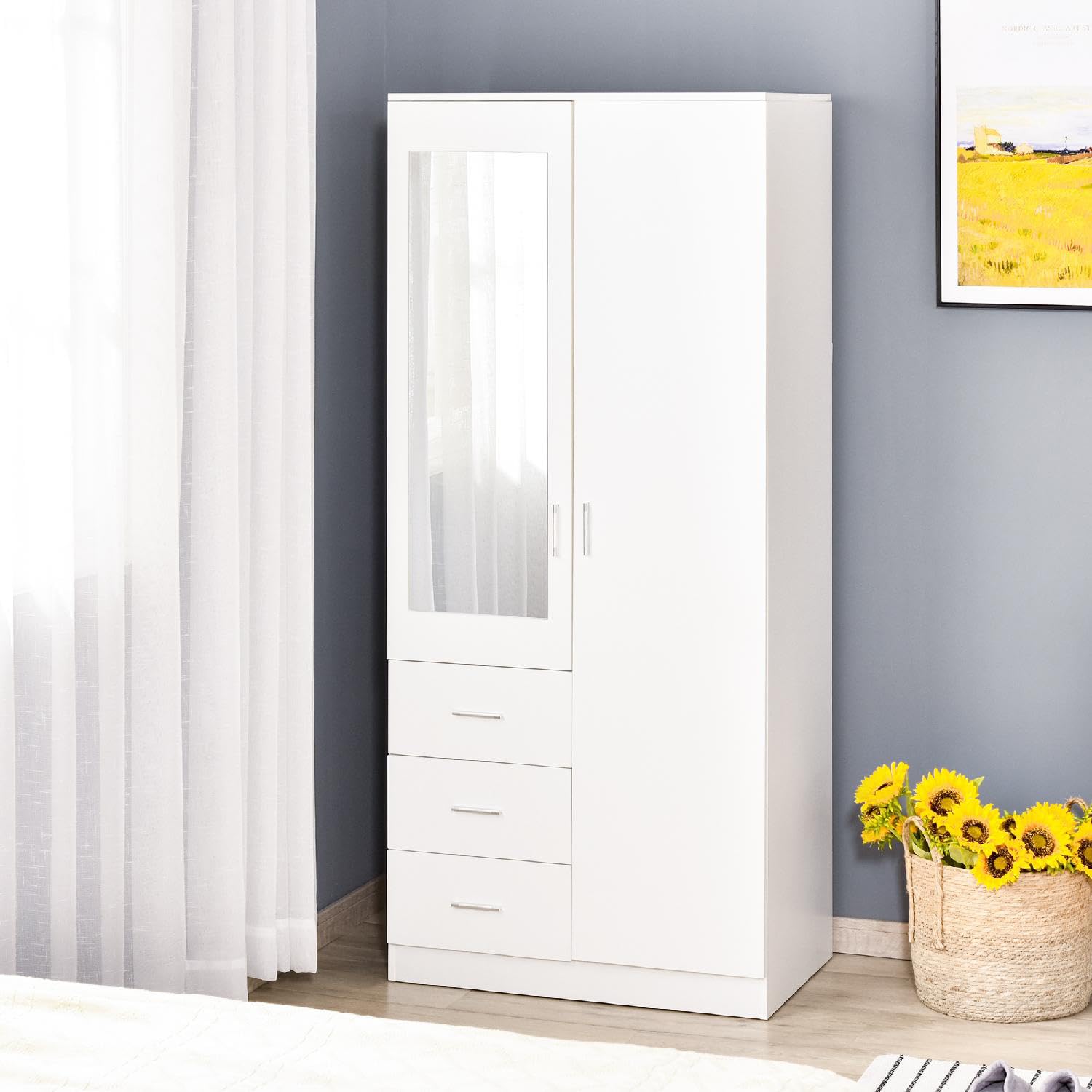 Armadio camera letto Guardaroba 2 Ante Battenti con Asta Appendiabiti 3 Cassetti e Specchio 80x50xH180 cm in Legno Truciolare colore Bianco