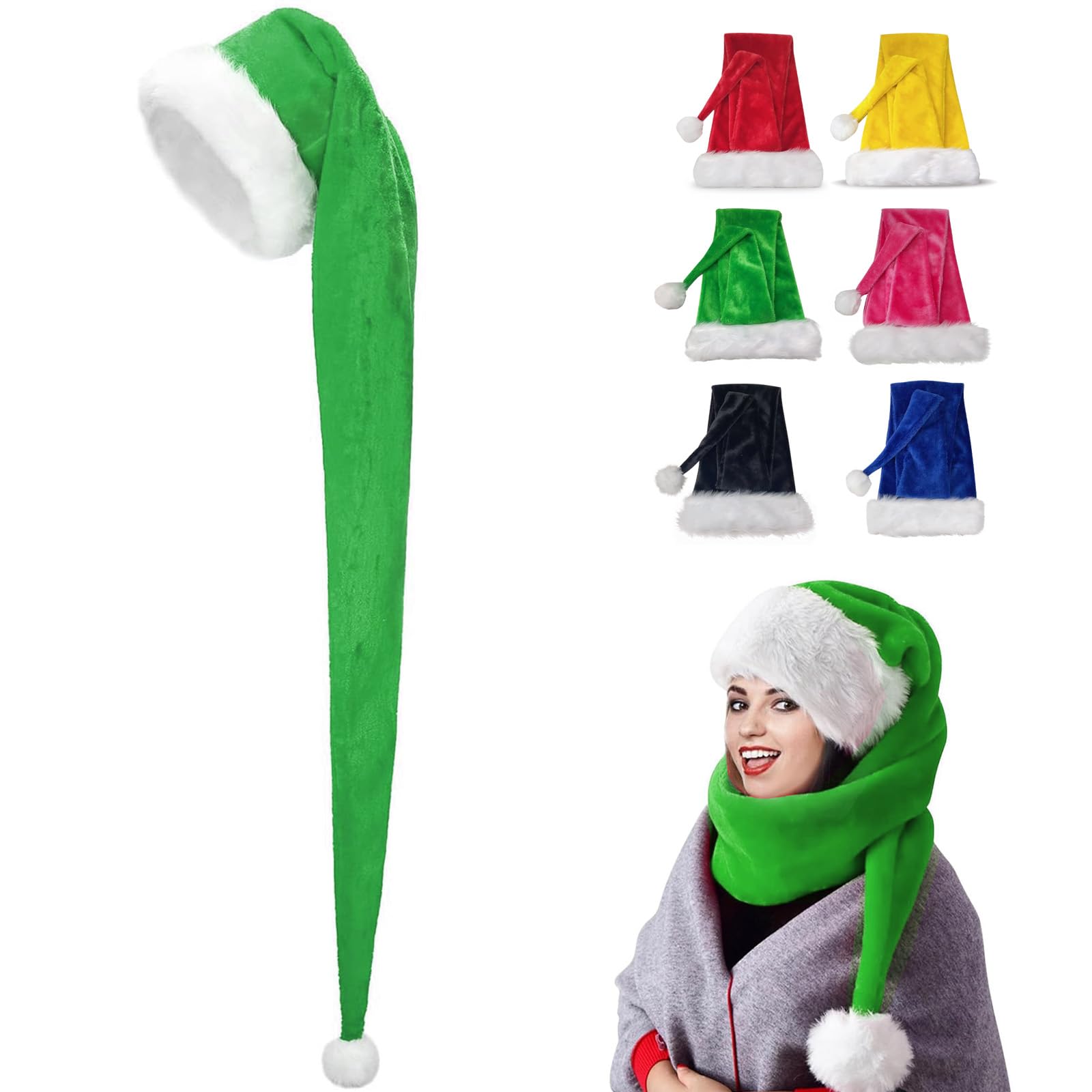 150cm Christmas Hats Santa Hat for Adults,Long Deluxe Velvet Xmas Santa Claus Hat,Unisex Velvet Comfort Christmas Party Hat Thicken Classic Fur for New Year Festive Christmas Party Supplies(Green)