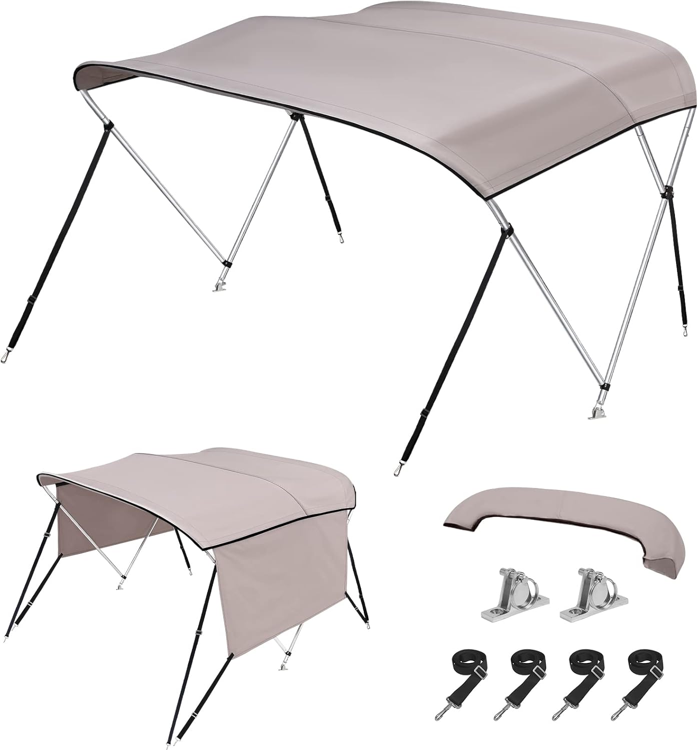 KAKIT 3/4 Bow Bimini Top Cover with Easy to Install Sidewalls Sun Shade Boat Canopy with 2 Quick Release Deck Mounts + 4 Straps + Storage Boot, All Stainless Steel Mounting Hardware