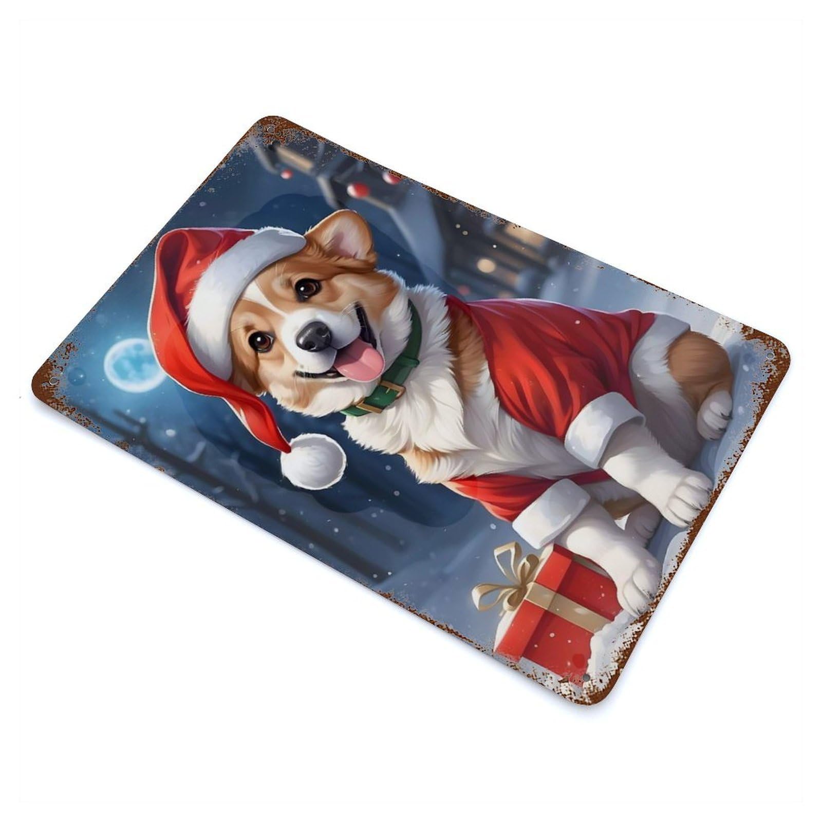 Christmas Dog Corgi Vintage Rust Metal Sign 11.8"x7.9", for Basement, Hobby Room And Garage Decor, Farmhouse Wall Decor
