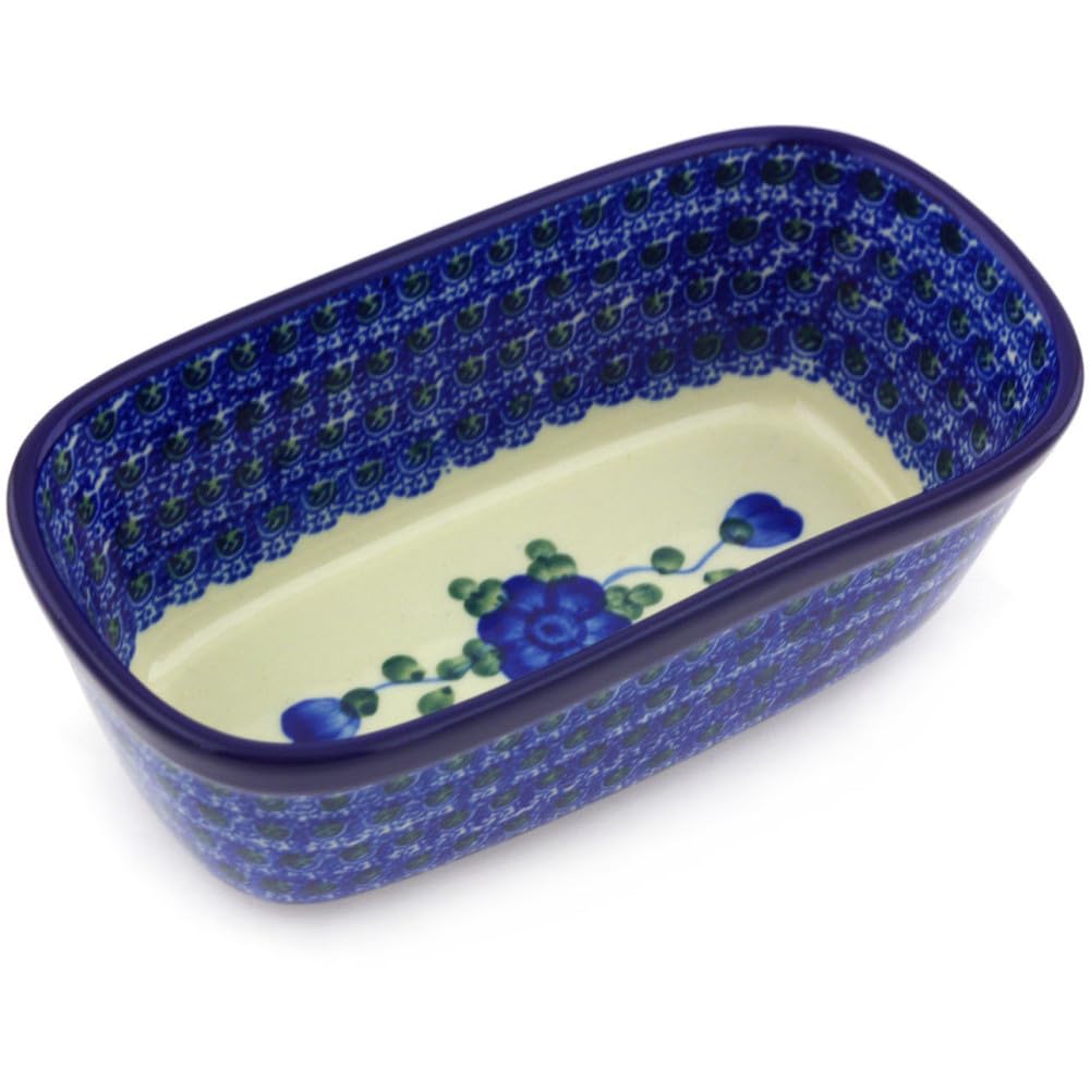 Authentic Polish Pottery Mini loaf pan in Blue Poppies Design Handmade in Boles?awiec Poland by Ceramika Artystyczna + Certificate of Authenticity