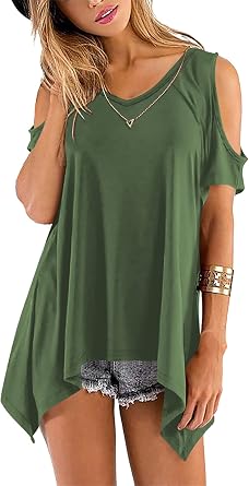 Beluring Womens Cold Shoulder Tops Summer Short Sleeve V Neck Casual Tunic Tee Shirts