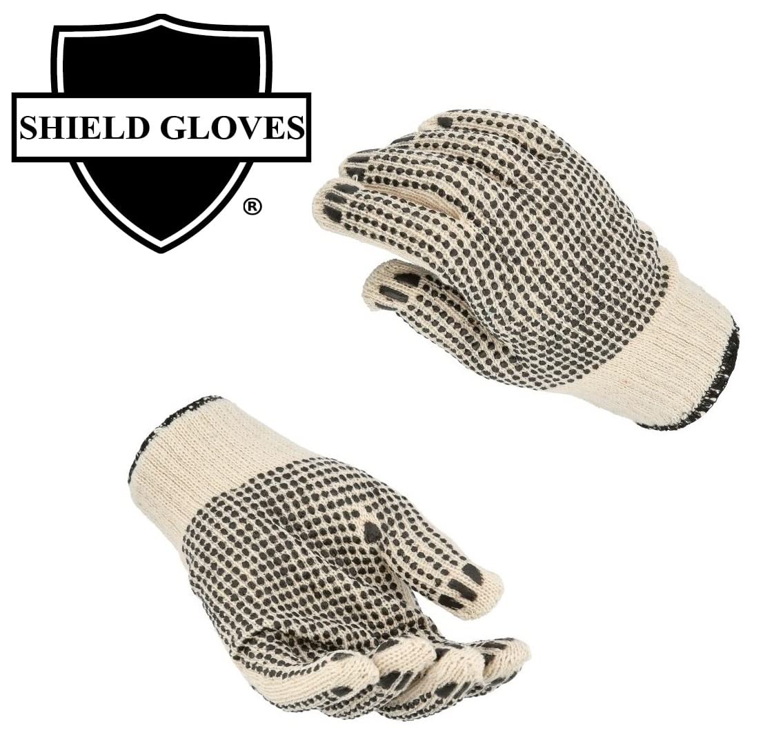 PackagingSuppliesByMail PSBM Cotton Work Gloves with Dotted Grip, 12-Pair, Mens, Size - Large Double Sided PVC Dots Provide Maximum Grip, Breathable and Lightweight