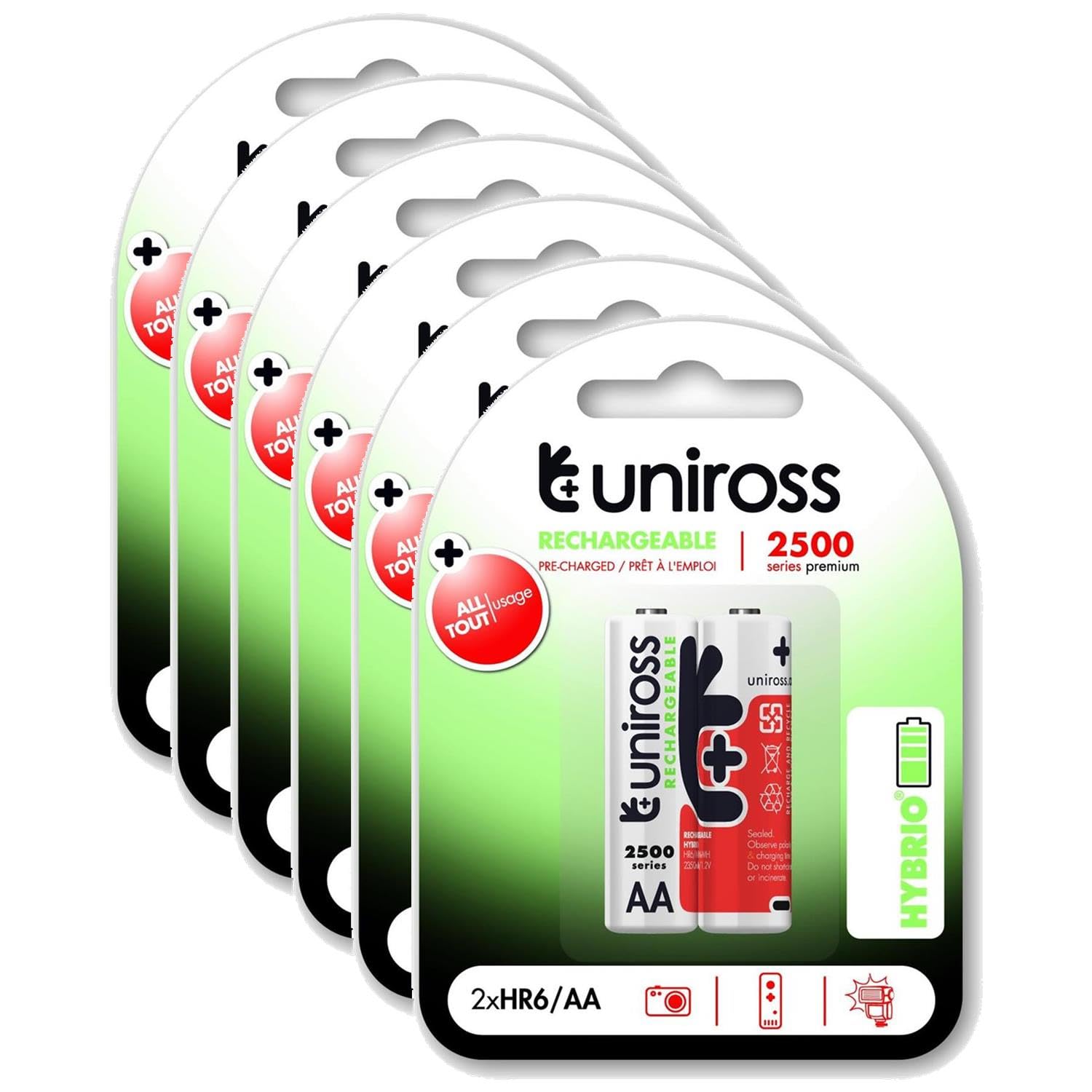 Uniross Pack de 6 x 2 Piles Rechargeables AA/HR6 2500 NIMH HYBRIO, 1.2V