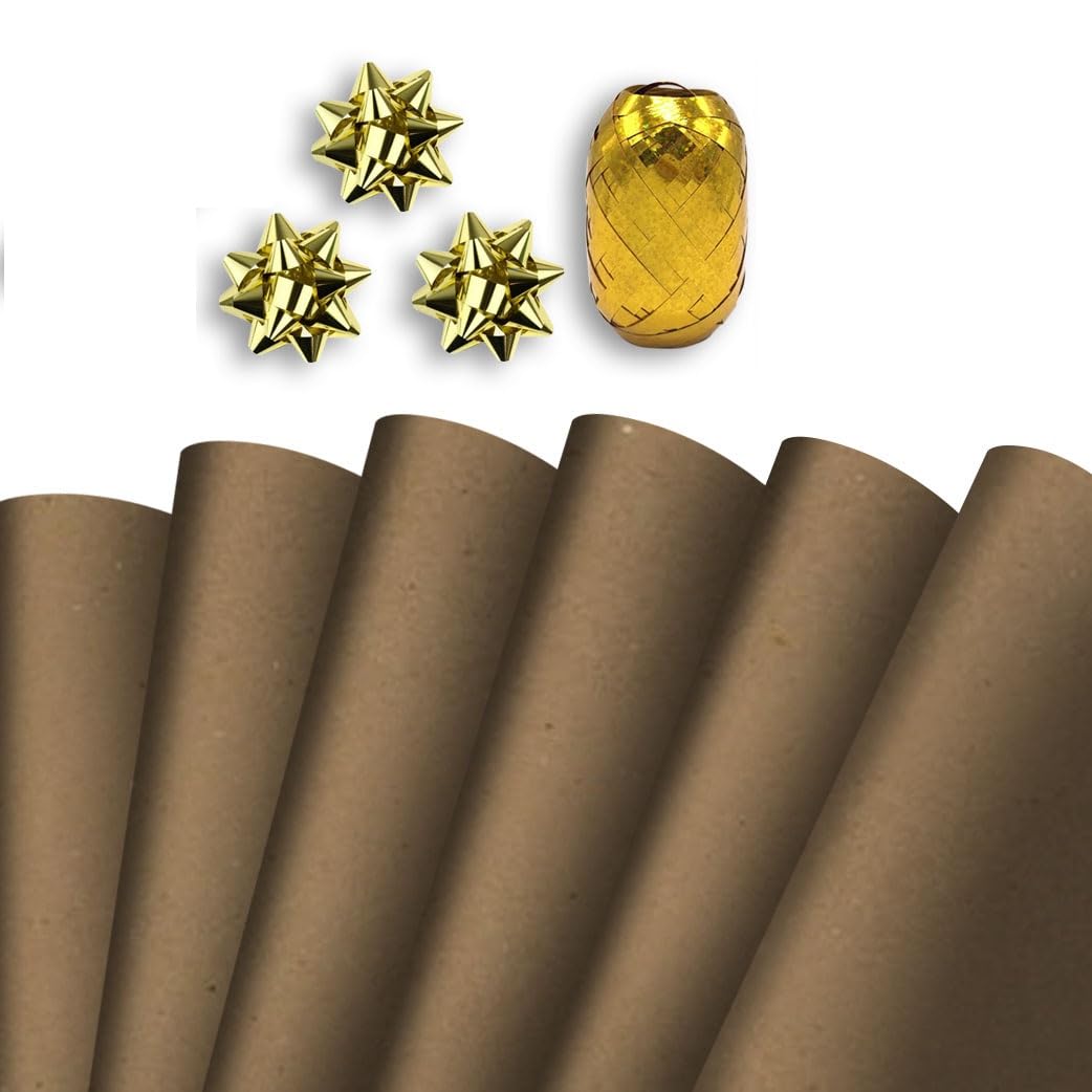 Christmas Wrapping Paper Mega Pack | 10 Sheets 70cm x 50cm |Gold Bows Ribbons, Classic Traditional Festive Holiday Presents Xmas Design