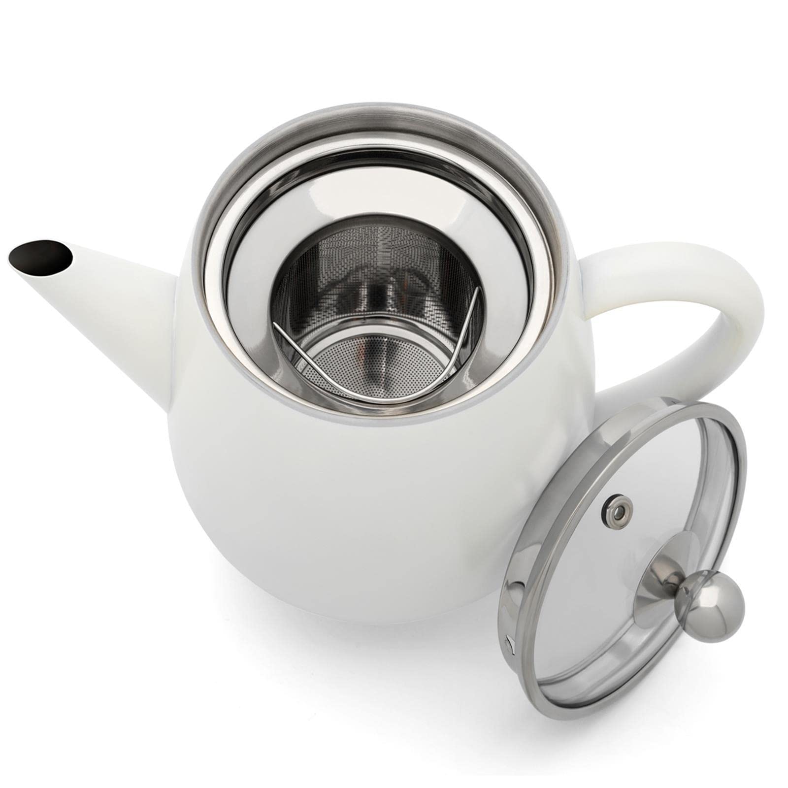 Bredemeijer doppelwandige Teekanne 1.1 Liter - weiße Edelstahl Kanne mit Glasdeckel - Tee-Filter Sieb-Einsatz & schwarzen Holzuntersetzer - ideal für losen Tee
