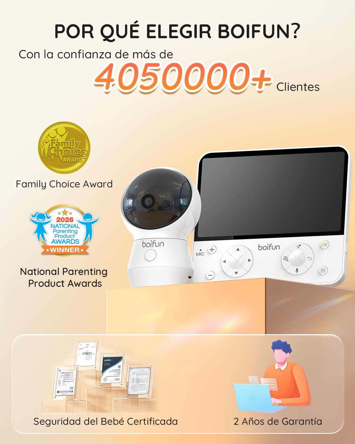 BOIFUN 5.5" Cámara Vigilancia Bebé con WiFi y App 2.5K/4MP, Visión Nocturna Invisible, IA Alerta de Cara Tapada y Sueño Seguro, Audio Bidireccional y Luz Nocturna Infantil, 360° Seguimiento Automático