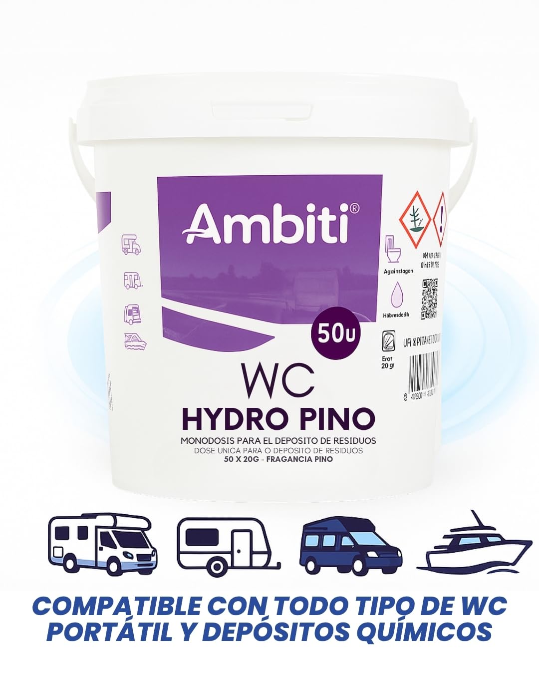 Ambiti | WC Hydro | Monodosis Hidrosolubles para Depósito de Residuos de Autocaravanas,Caravanas y Campers| Antibacteriano| Elimina Deshechos Orgánicos y Papel Higiénico| Fragancia Pino| 50ud — view 5