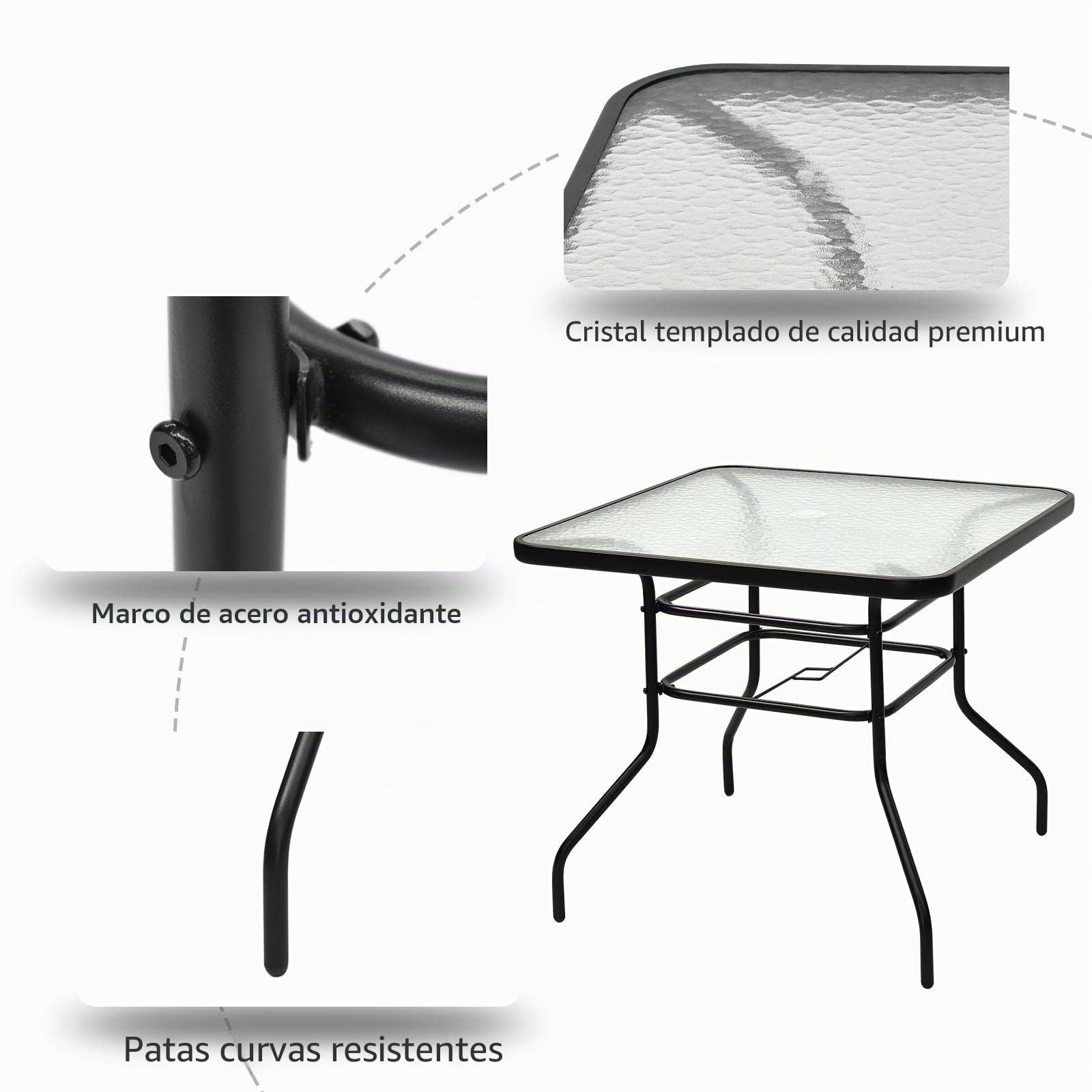KOMFOTTEU Mesa de Jardín Cuadrada con Orificio φ40mm para Sombrilla | Mesa Auxiliar de Cristal con Marco de Metal, Mesa de Comedor con Carga 80 kg, para Balcón, Terraza, Patio, 80 x 80 x 71 cm