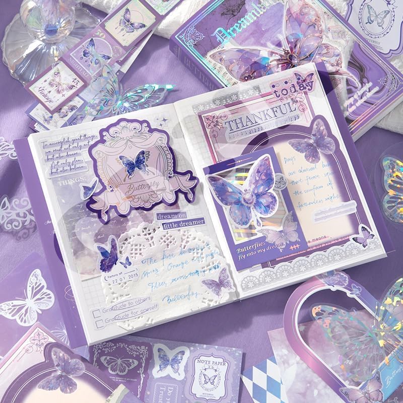 Image of yifely Paper Vintage Aesthetic Scrapbook Kit Scrapbooking Supplies Kit with Bullet Junk Journal,Stationery,A6 Grid Notebook with Graph Ruled Page DIY Journaling Gift for (Dreamland, Purple)