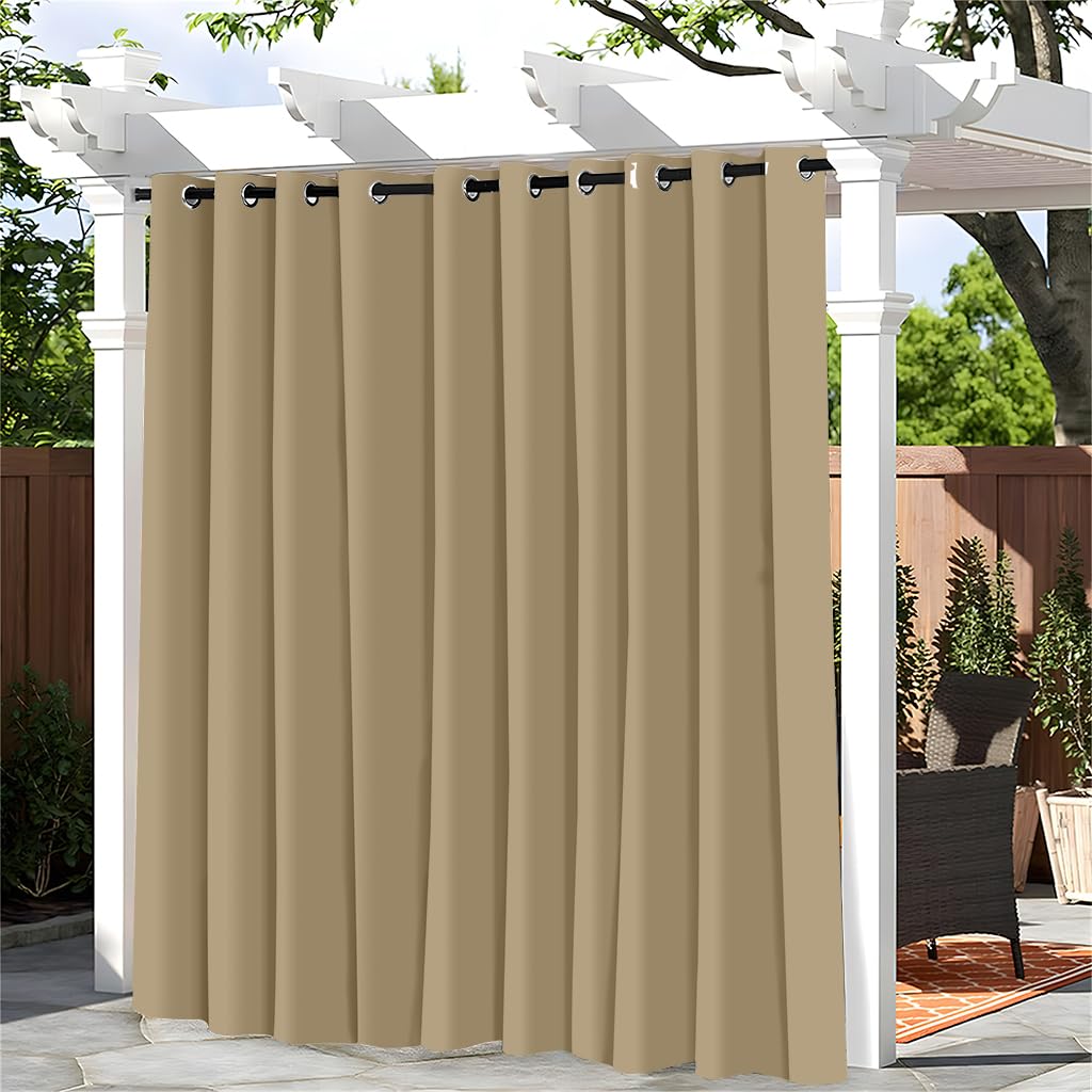 Hiseng Outdoor Curtains for Patio Waterproof 1 Panel Sheer Outdoor Curtains Weatherproof Privacy Gazebo Curtains for Pergola, Porch, Sunlight&UV Blocking -Solid Color (140x260cm,Khaki)