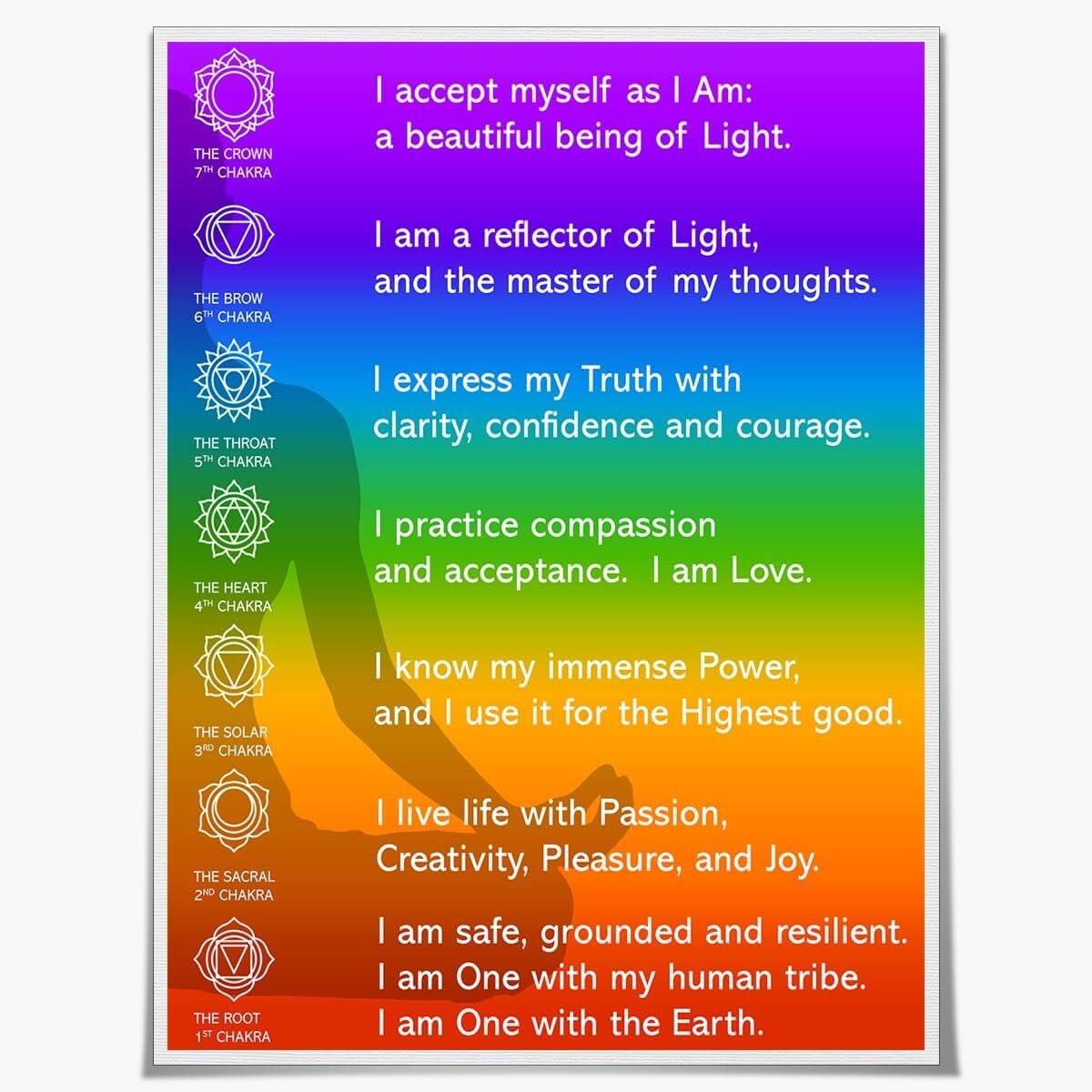 Mindfulness and Wall Chart - Yoga Poses Poster with Crystals, Spiritual Guidance Art Print for Home Decor, Serene Bedroom or Office(Framed,16x24inch(40x60cm))