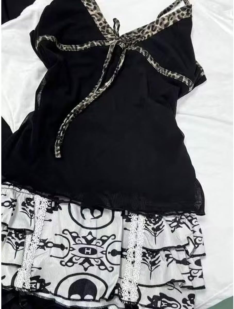 Emo Coquette Cropped Top Grunge 2000s Spaghetti Strap Tops Streetwear Vintage Camisole Y2k Cheetah Tops - Image 5