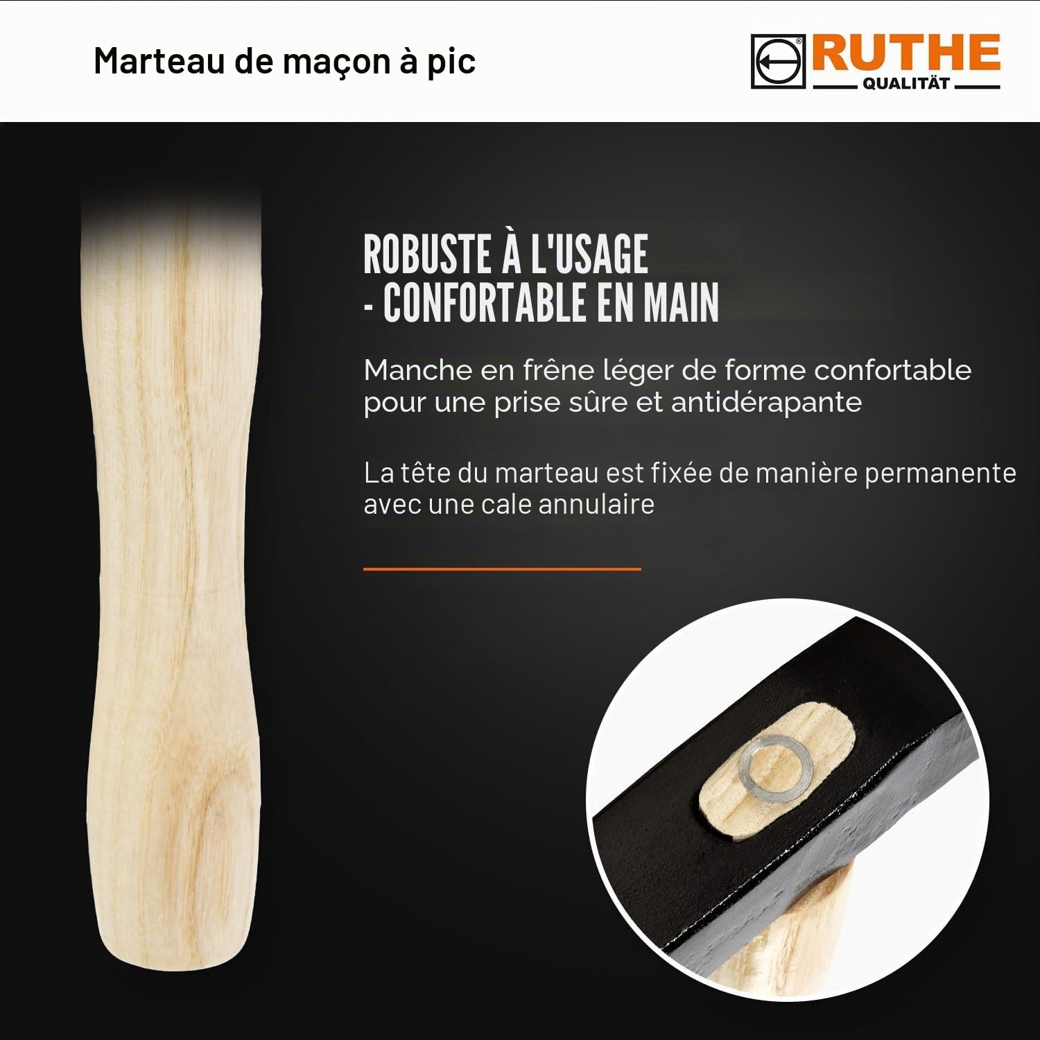 RUTHE marteau de maçon frêne, forme berlinoise, no. 3020059119, 2.000 gr. | Outil maçon professionnel | Marteau robuste avec manche en frêne | Marteau de pavage pour maçons et tailleurs de pierre