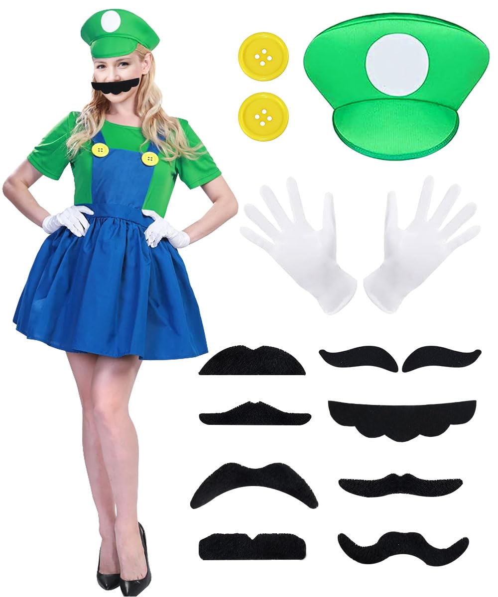 YYDSXK Disfraz de Mario Mujer, 14Pcs Cosplay Disfraz de Luigi para Niñas, Disfraz de Mario Cosplay Mujer, Disfraz para Niñas con Sombrero, Guantes para Niños Cumpleaños Fiesta Carnaval