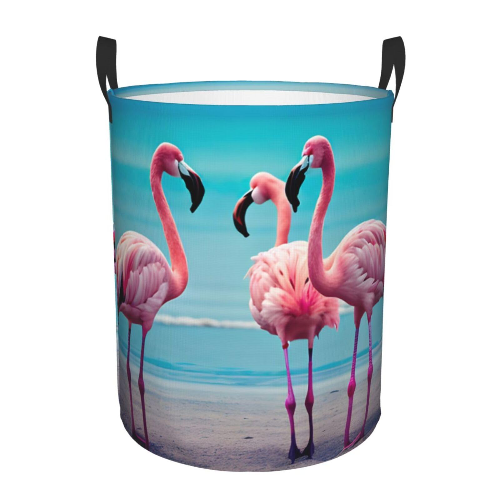 M Collapsible Laundry Hamper Round Flamingo Beach Print Storage
