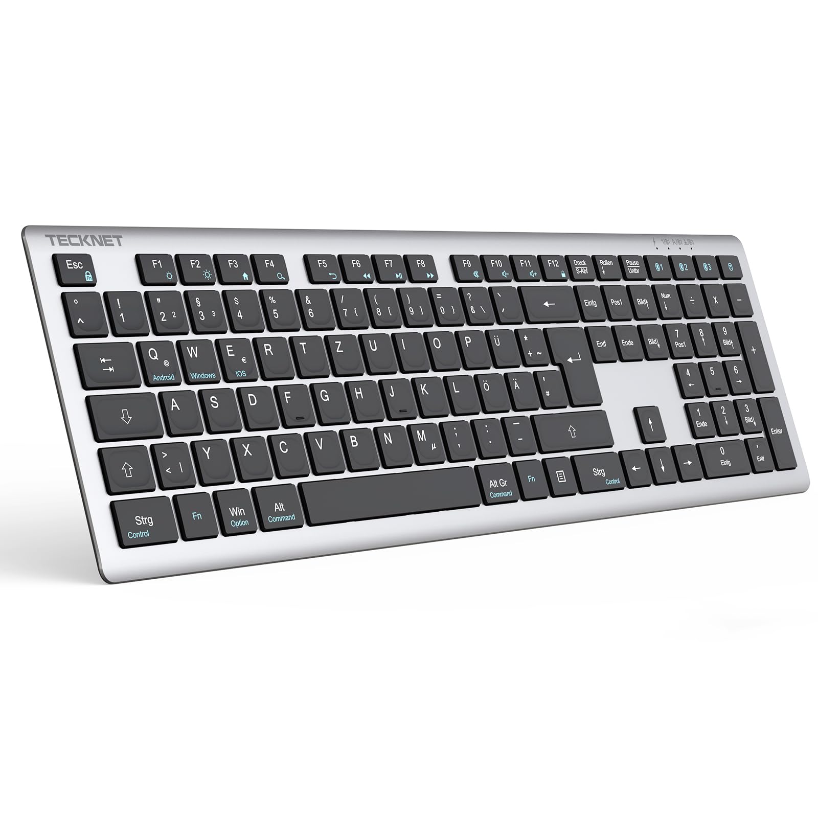 TECKNET Bluetooth Tastatur Kabellose(BT+2.4G), Wiederaufladbare Multi-Device Wireless Keyboard mit Einfacher bis zu 4 Geräte, Ultraflache, QWERTZ Layout für Mac/Windows/iOS/Chrome OS
