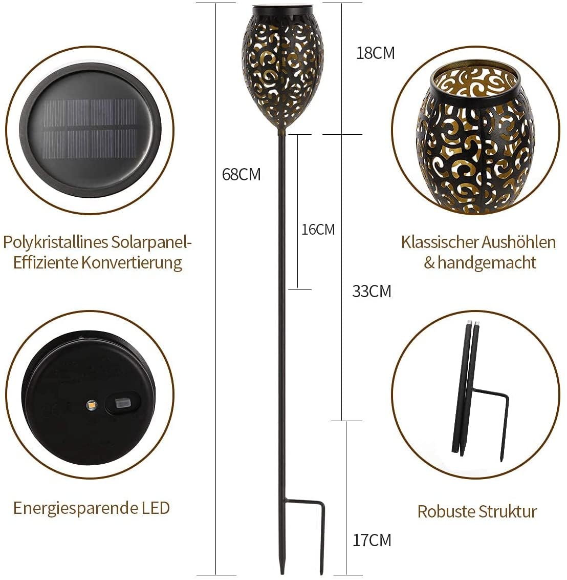 Görvitor Lampade solari per esterni da giardino, 4 pezzi, LED in metallo, per esterni, IP65, impermeabili, orientali, da giardino, a energia solare, luce bianca calda, con picchetto, decorazione da