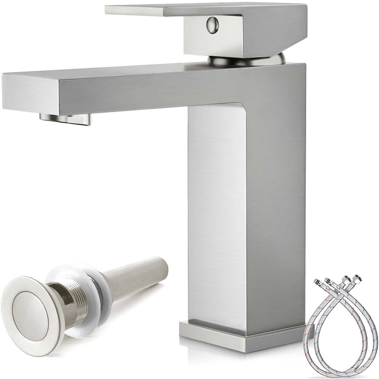 Bathroom Faucet, Brushed Nickel Bathroom Faucets, Solid Brass Sink Faucet, Lead-Free Single Handle Vanity Faucets with 2 Water Supply Hoses & Drain Stopper