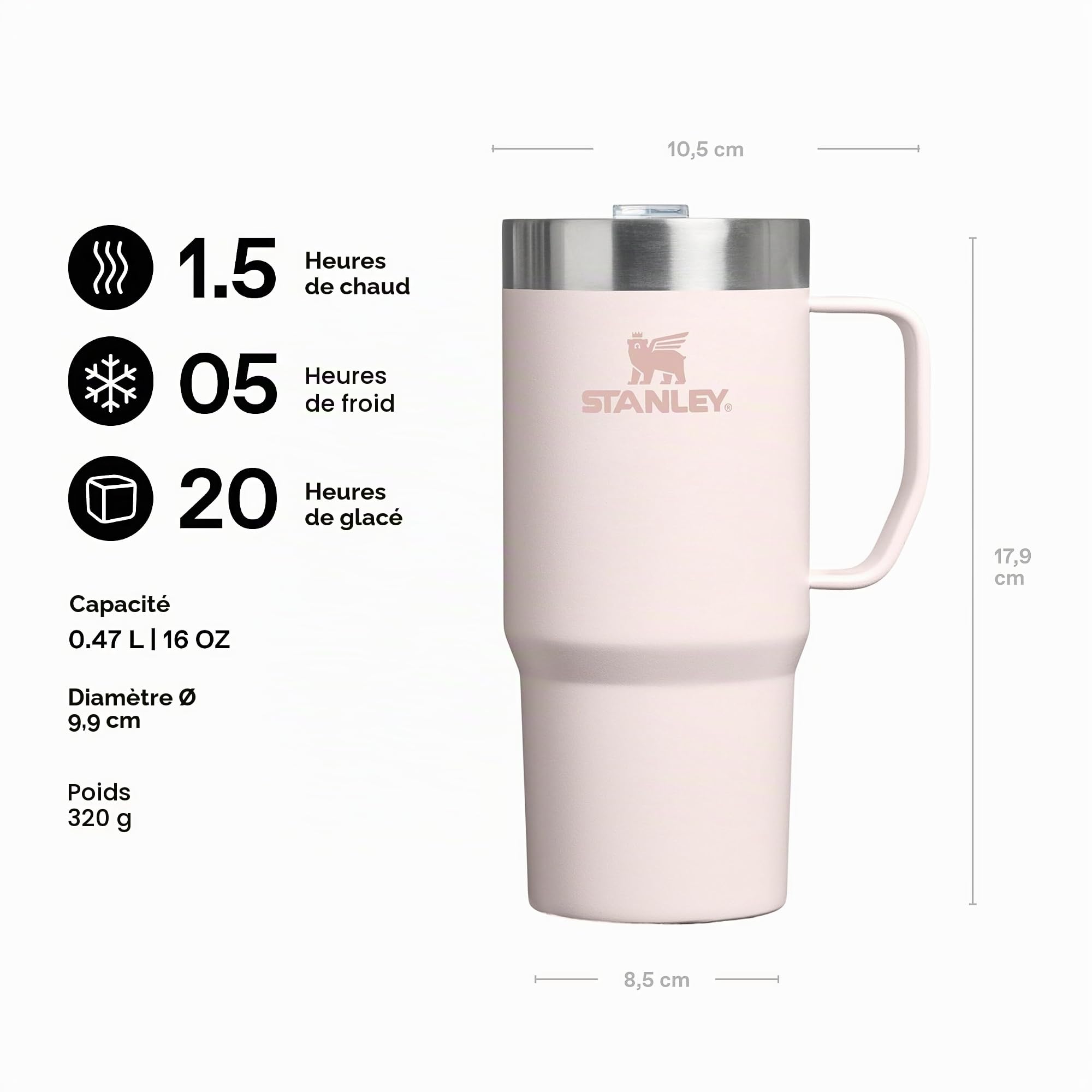 STANLEY 1913 Everyday Suburban Travel Mug 0.47L - Rose Quartz | 1,5 Heures Chaud - 5 Heures Froid - 20 Heures Avec Glace - Sans BPA - Compatible Lave-Vaisselle - Acier Inoxydable