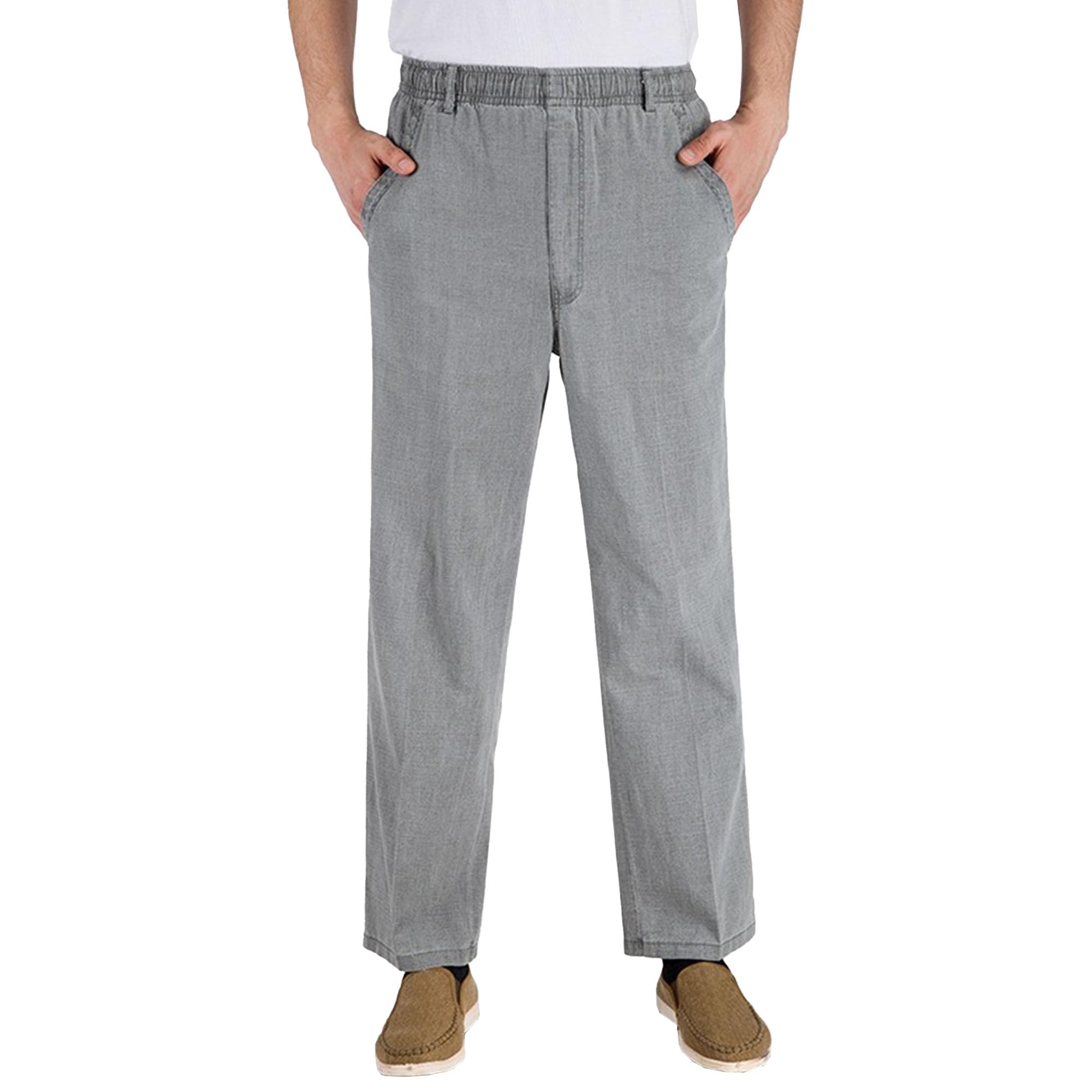 Mens Casual Stylish Straight Leg Jeans Elastic Waist Linen Comfort Denim Pants Loose Fit Solid Jeans Trouser
