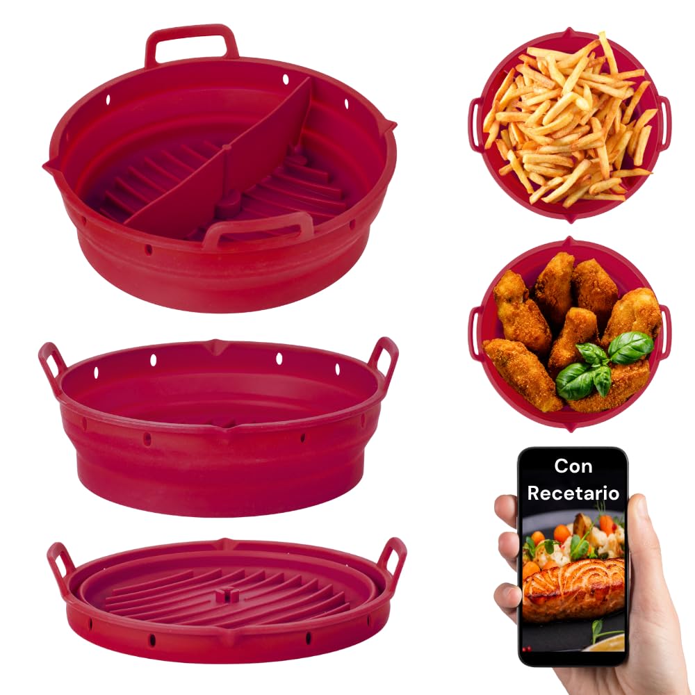Stampo in silicone per friggitrice ad aria 22 cm + separatore alimentare + ricettario con QR - Vassoio rotondo per Airfryer senza olio - Compatibile con Cosori 5.5L - 6.4L e Cecotec