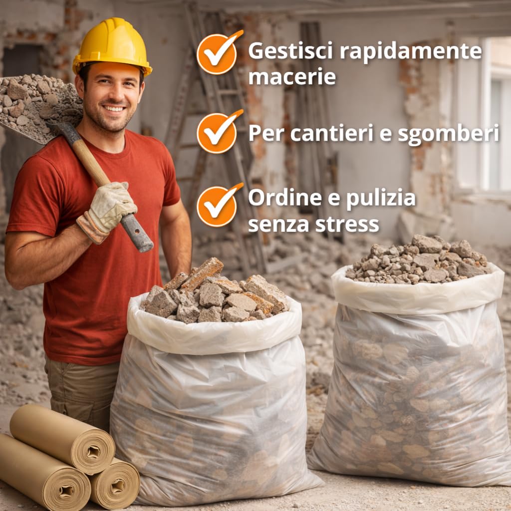 Sacchi per Macerie 90x120 AMBRA, Resistenti in Plastica - Sacchetti per Calcinacci, Detriti, Rifiuti Edili Robusti