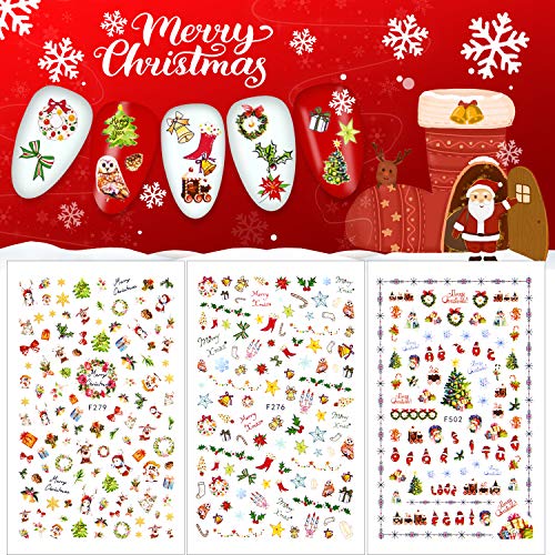 10 Sheets Christmas Nail Stickers, Xmas 3D Nail Self-Adhesive Stickers Santa Claus Reindeer Snowflakes Snowmen Nail Art Decals(1000+ Patterns)