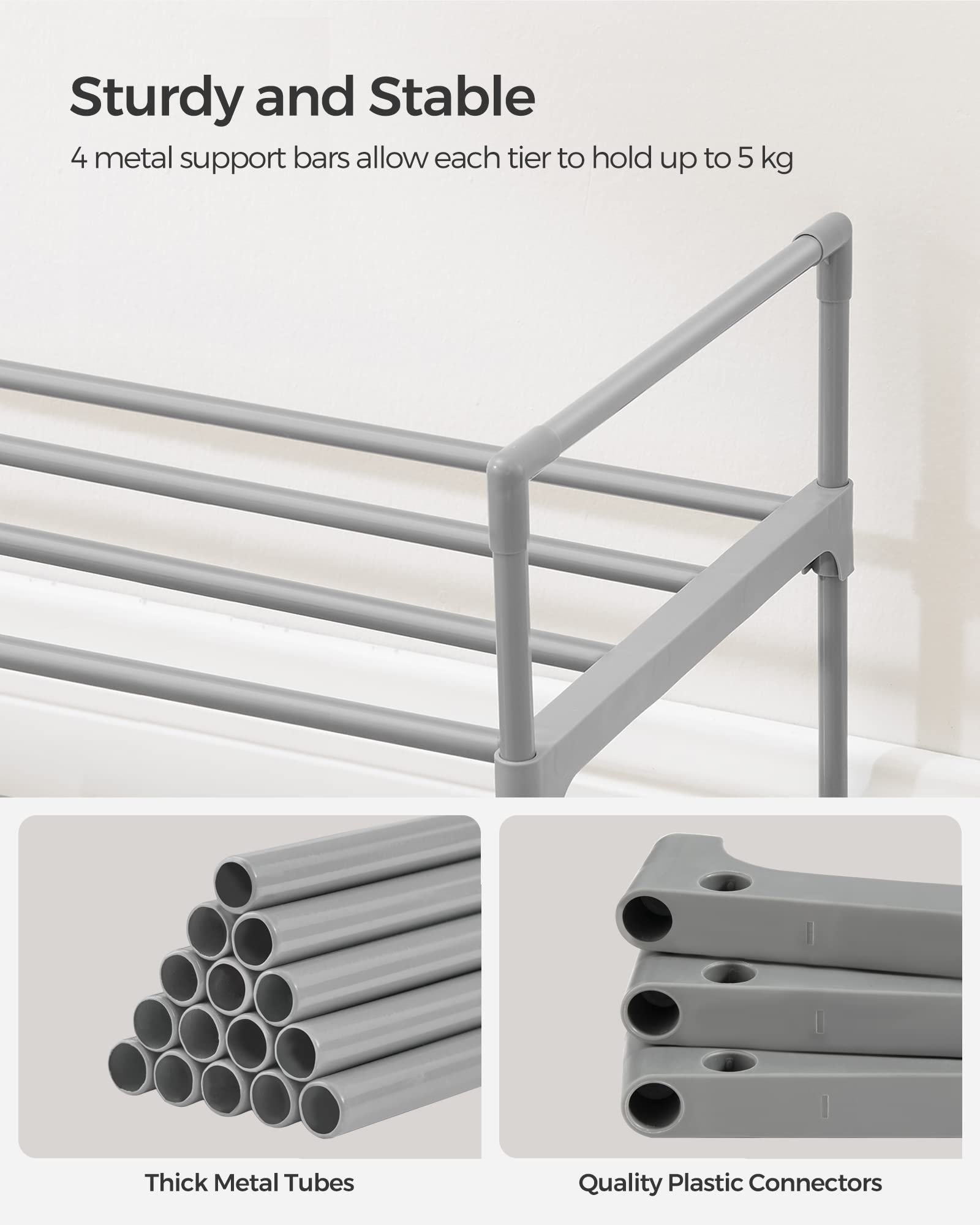 SONGMICS 3-Tier Shoe Rack, Shoe Storage Organiser, Metal Storage Rack, Upright or Upside Down, Fits 16 to 20 works, Stackable - Image 4