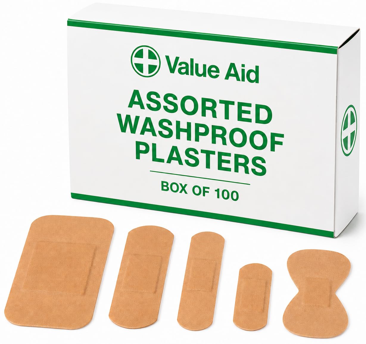 Value Aid Assorted Washproof Plasters - Pack of 100 Individually Wrapped Hypoallergenic, Latex-Free Adhesive - 5 Popular Sizes for First Aid Kit & On-The-Go Medical Supplies