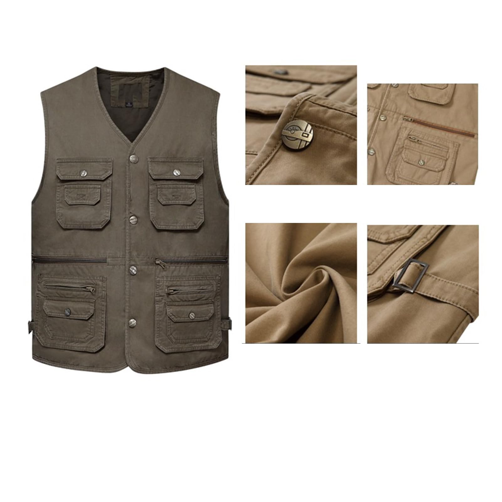Uomo All'aperto Gilet Giacca Multi Tasca Vest Senza Maniche Panciotto Pesca Cappotto Leggero Traspirante Giubbotto Fotografia Utility Sport Giubbotto Top Khaki-XXL