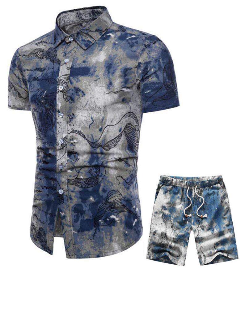 TebreuxMen's Floral Outfits 2 Piece Shirts and Shorts Suit Button Down Hawaiian TrackSuit