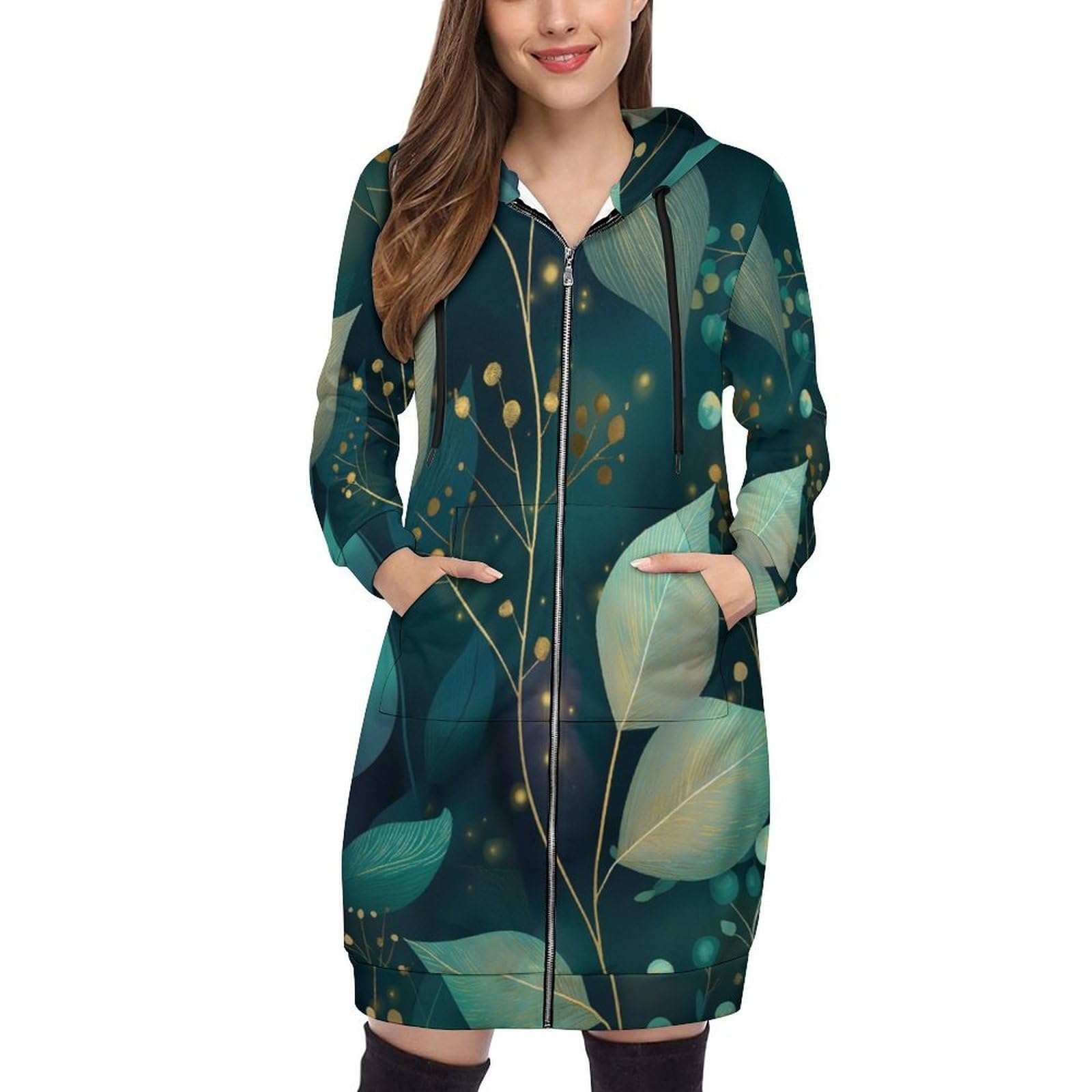 Felpa Donna con Zip Felpe Sportiva con Tasche E Cappuccio Rami E Foglie Morbida Invernale Giacca Regolabile Confortevole per Uso Quotidiano Casual
