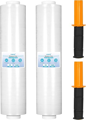 LINICE Rollos de película elástica con asas, calibre 60, 1000 pies, resistencia industrial, 15 pulgadas de ancho, envoltura de plástico transparente