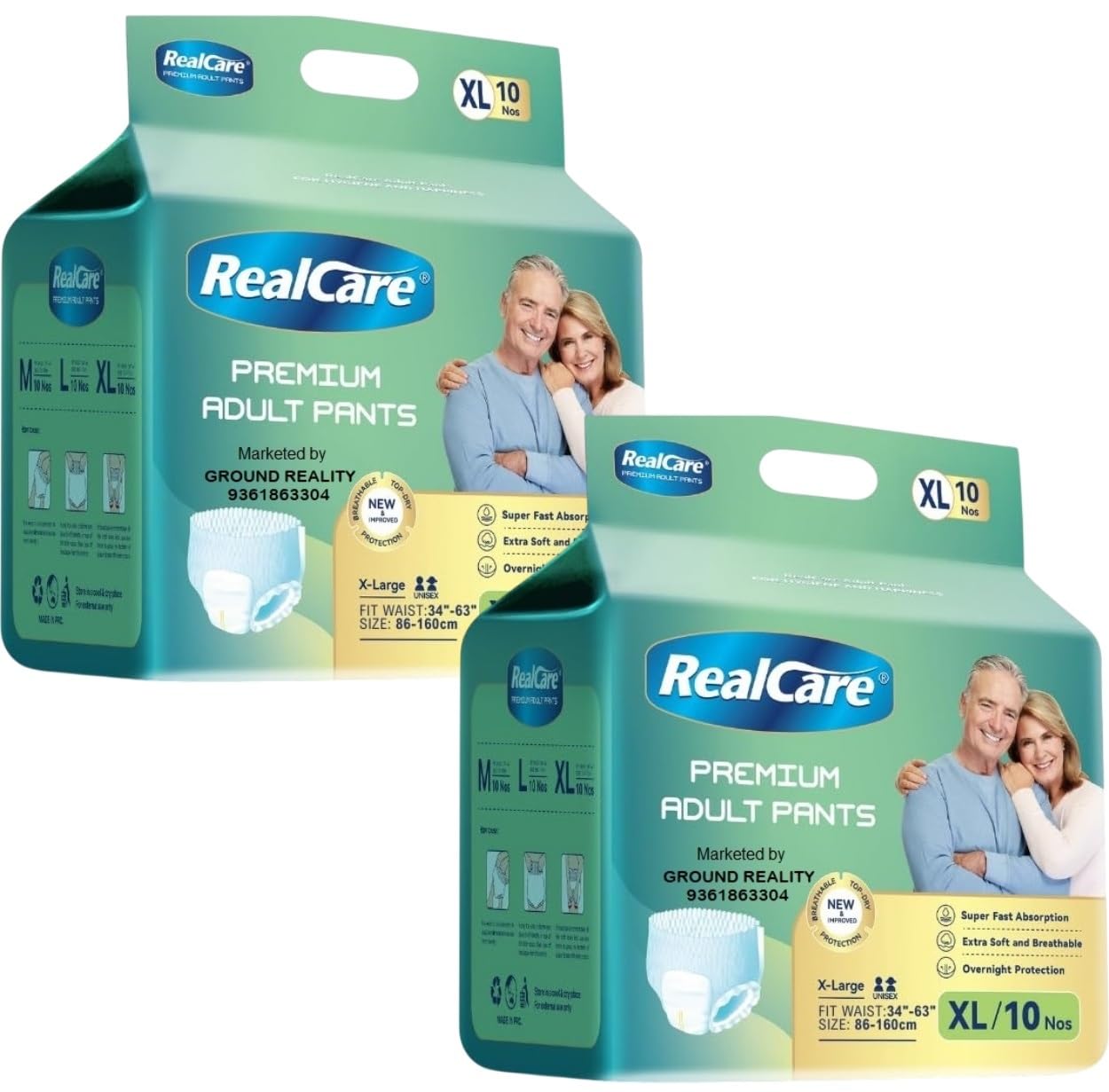 LUREME Real Care XL Size (34-63 Inch, 86-160cms) Overnight Premium Class Adult Pull Ups Pant Style Diapers for Men Women with Advanced 3D Superior Absorbency Core Anti-Bacterial Pack of 2 (20)