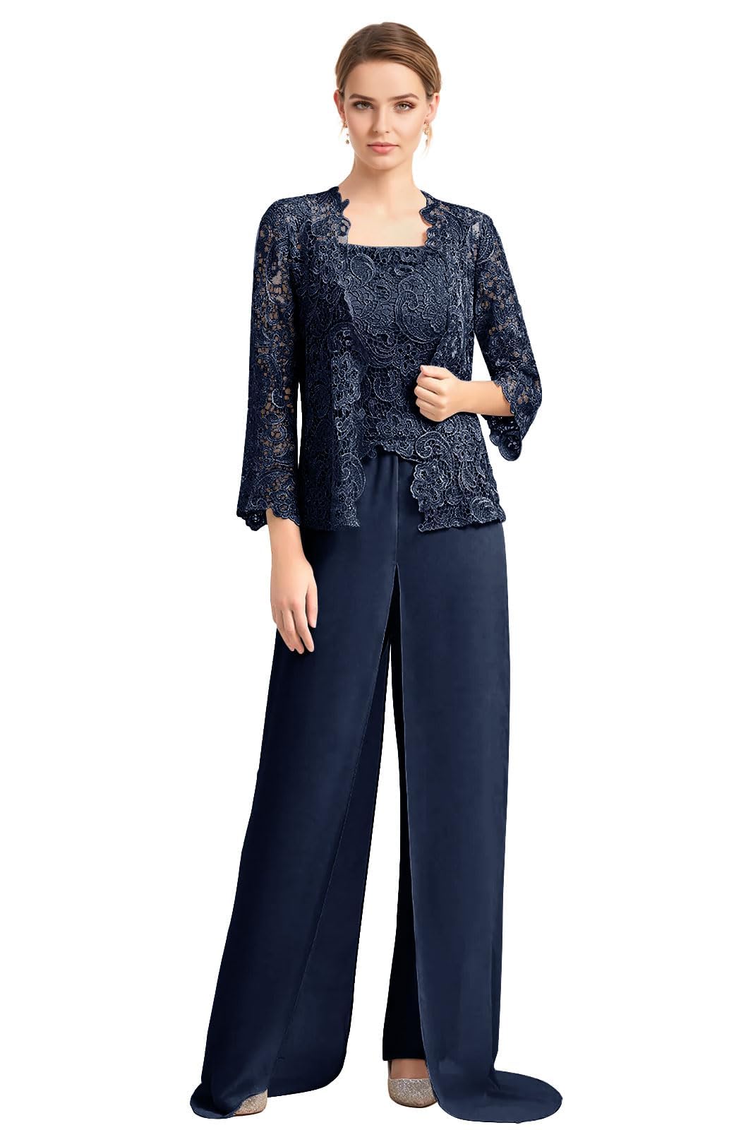 3 Piece Mother of The Bride Groom Pants Suits - Women Dressy Lace Chiffon Wedding Guest Formal Evening