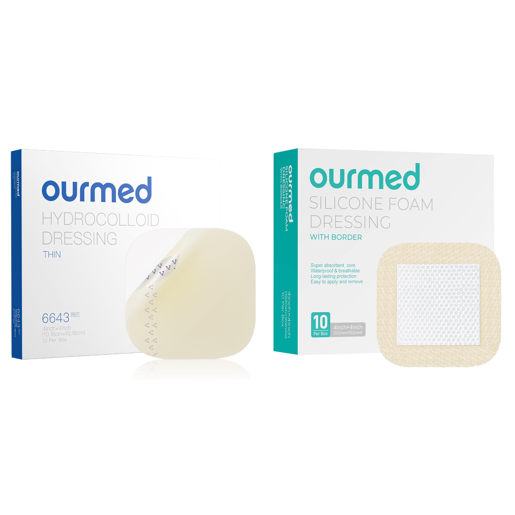 ourmedHydrocolloid Bandages Large 4" x 4" with Silicone Foam Dressing with Border Adhesive 4" x 4"