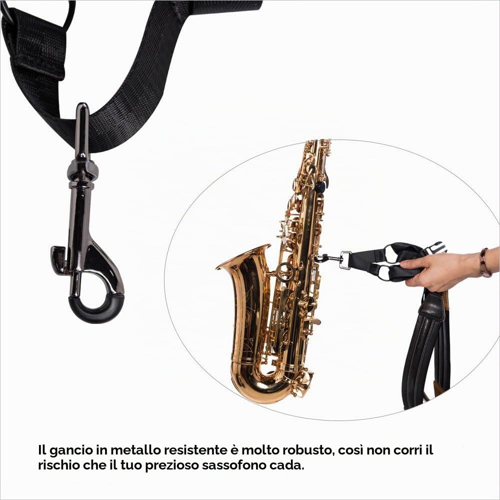 Rayzm Cinghia per sassofono, universale a doppia tracolla in pelle per Sassofono, tracolla imbottita regolabile per sassofono Alto Saxon Tenor Soprano (L)
